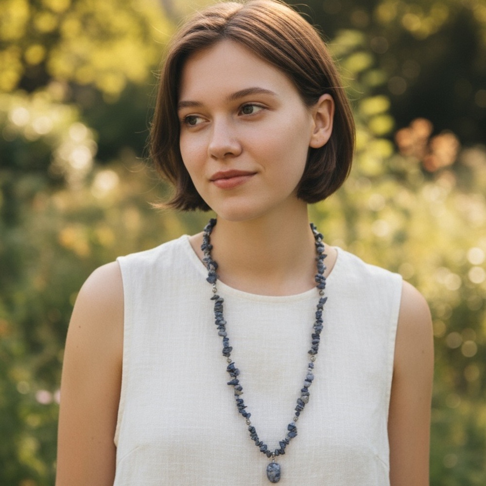 Natural Sodalite Chip Gemstone Necklace w/ Pendant